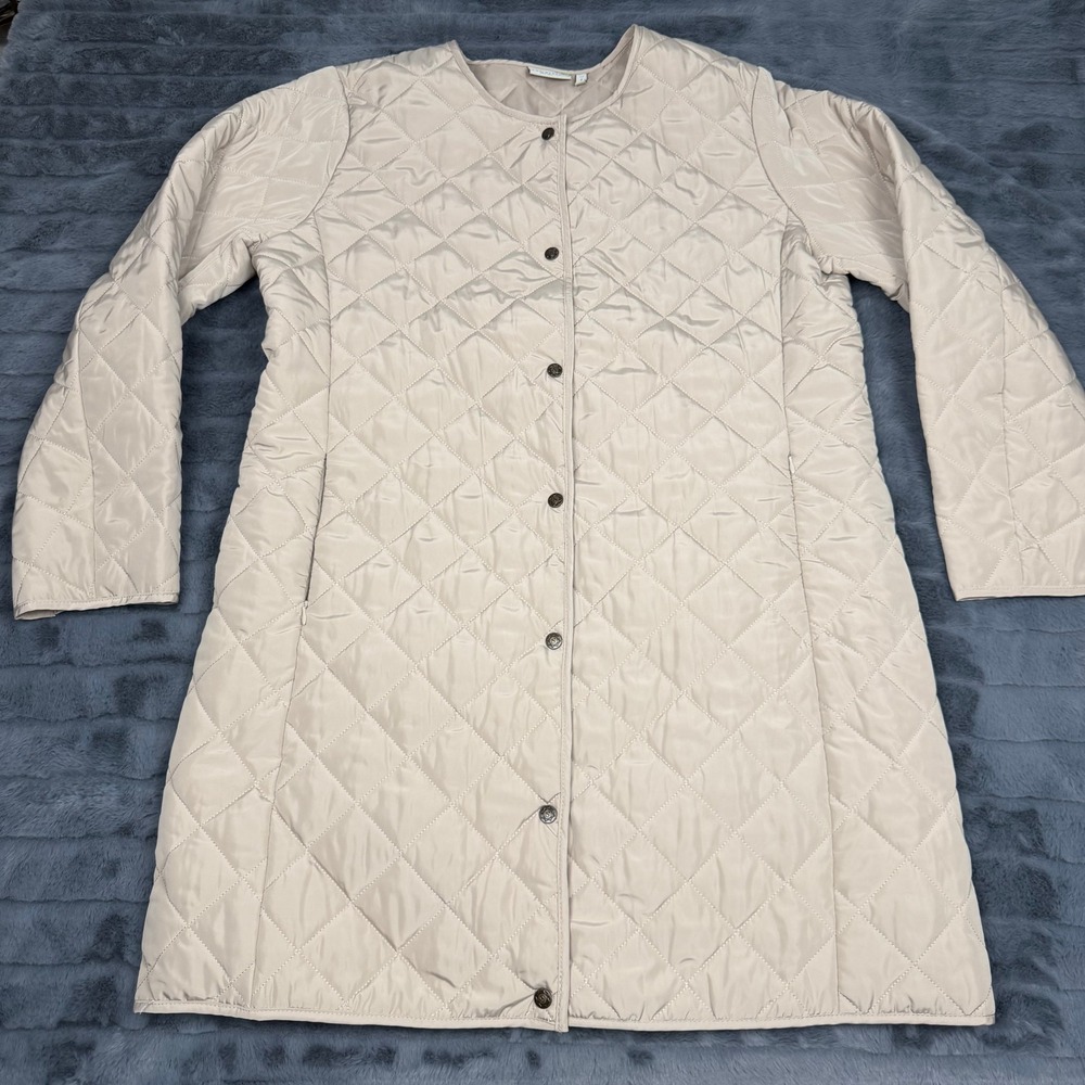 Sahalie Womens Quilted Long Coat Beige Champagne Snap Front Jacket Size L